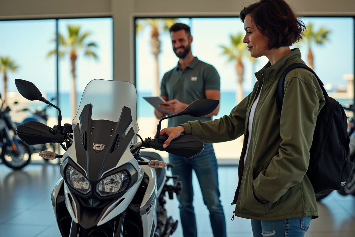 Cliente inspectant une moto dans une concession à Agde avec un conseiller commercial