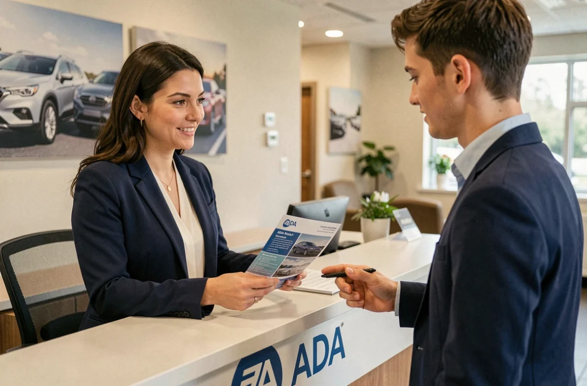 Conseillère de l'agence ADA à Lens présentant les offres de location à un client au comptoir de l'agence