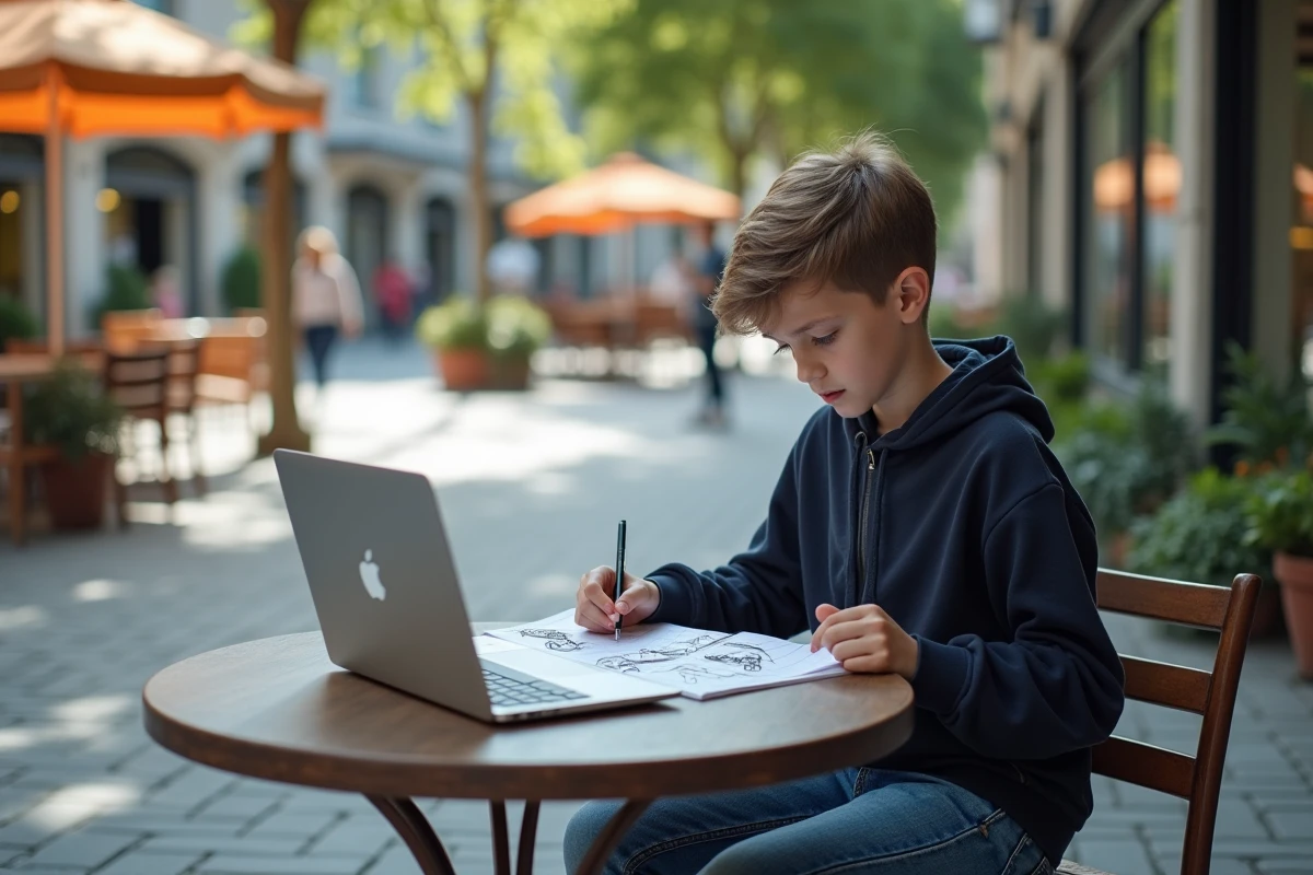 Adolescent concentré dessinant des logos de voitures sur un carnet