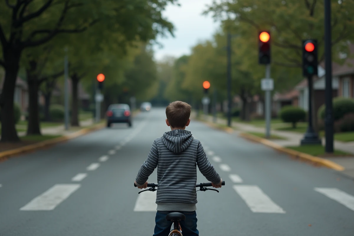 Adolescent avec vélo attendant au feu orange dans le quartier