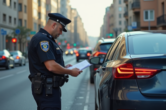 Agent de police vérifiant les documents d'assurance d'une voiture en ville
