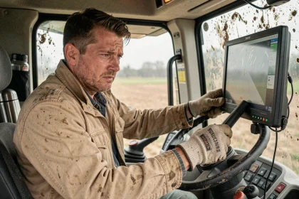 Agriculteur ajustant une barre de guidage GPS dans la cabine d'un tracteur moderne avec une expression concentrée