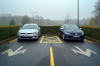 Aire de covoiturage avec panneaux de signalisation et véhicules garés dans un bourg périurbain français