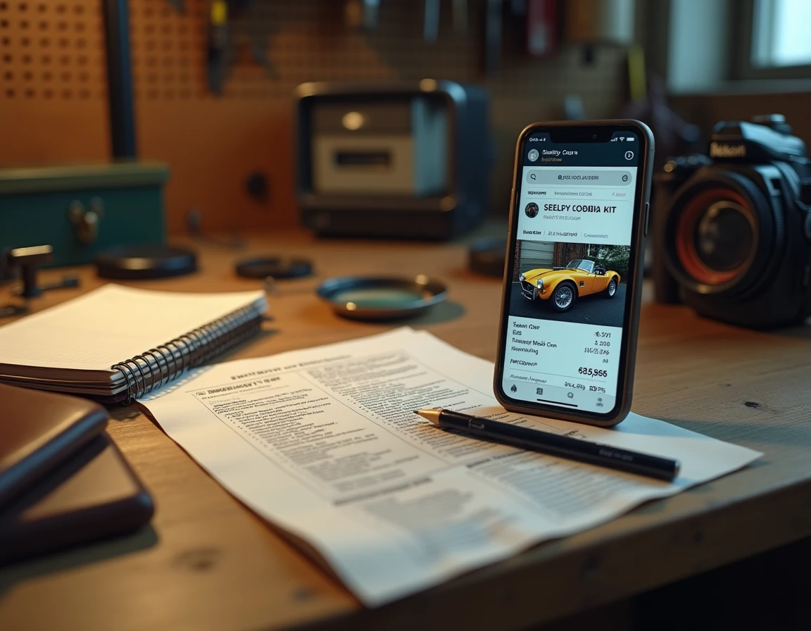 Analyse d'annonces de vente Cobra d'occasion avec notes manuscrites et smartphone sur établi de garage