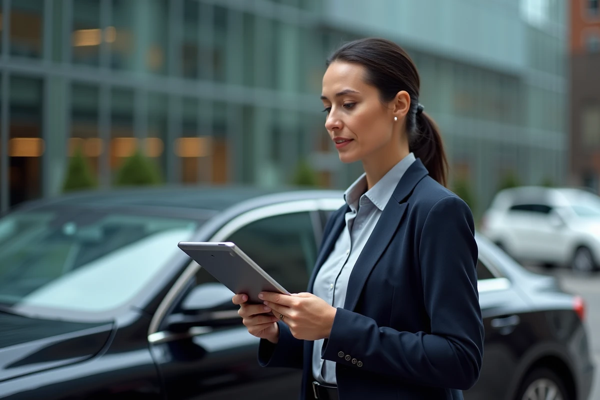 Ancienne conductrice de taxi devenant chauffeur VTC, tenant une tablette avec son dossier d'équivalence professionnelle