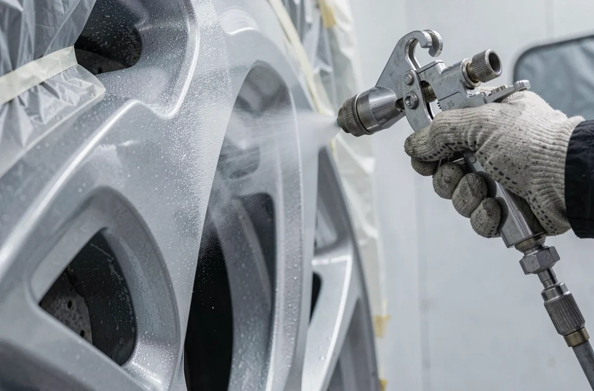 Application de peinture métallisée sur une jante aluminium en cabine de peinture professionnelle