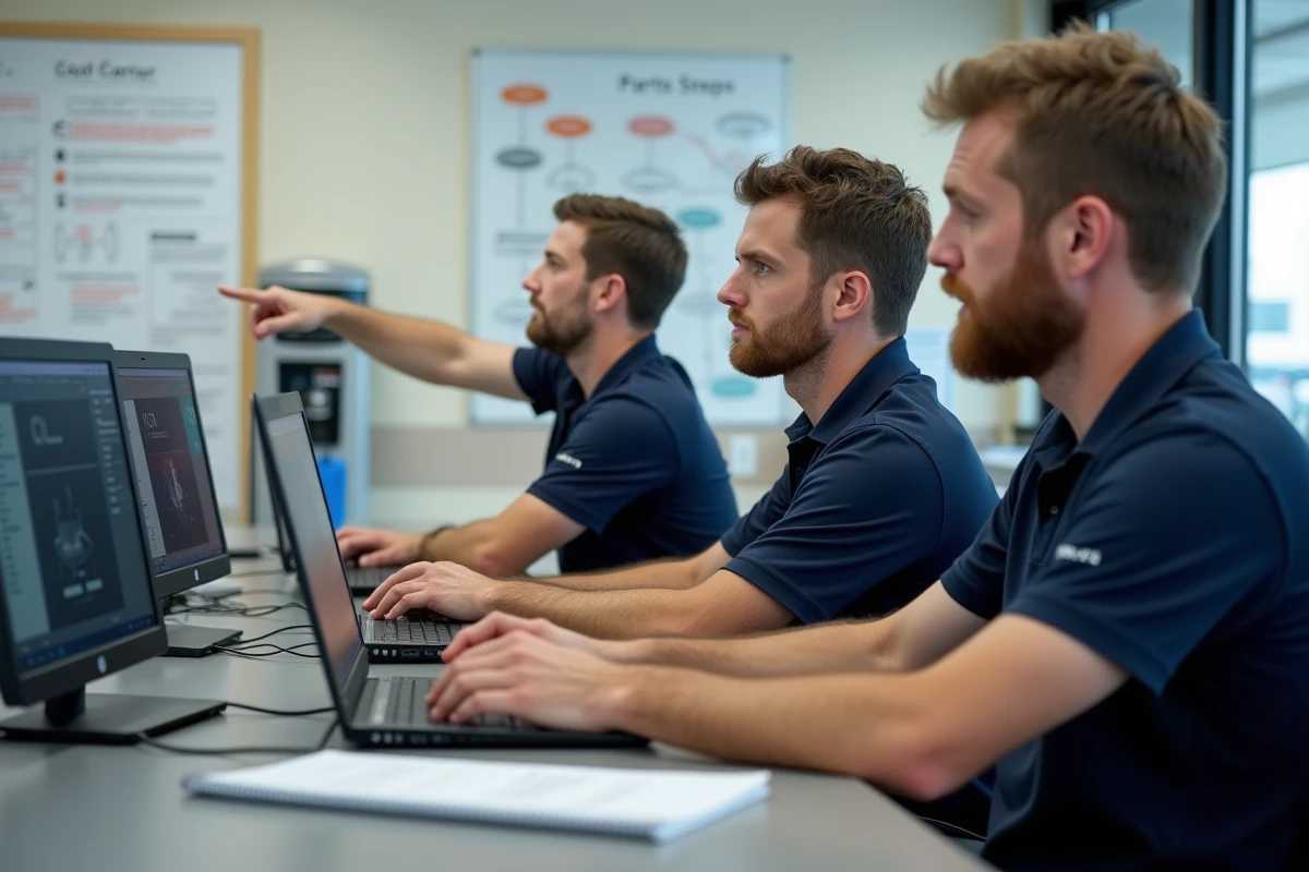 Atelier de formation Dialogys pour techniciens en concession automobile : groupe de collaborateurs travaillant sur des tutoriels logiciels en salle de formation