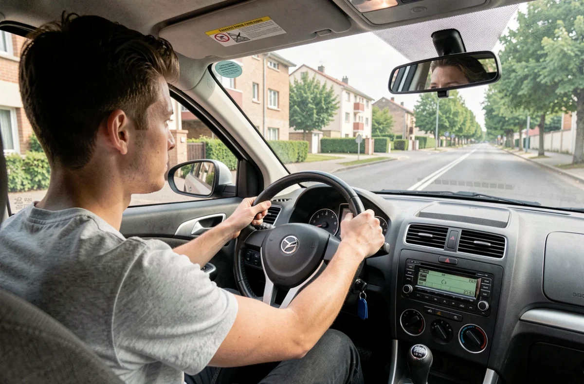 Un élève concentré au volant d'une voiture de l'auto-école Fauriel sur une route de Saint-Étienne