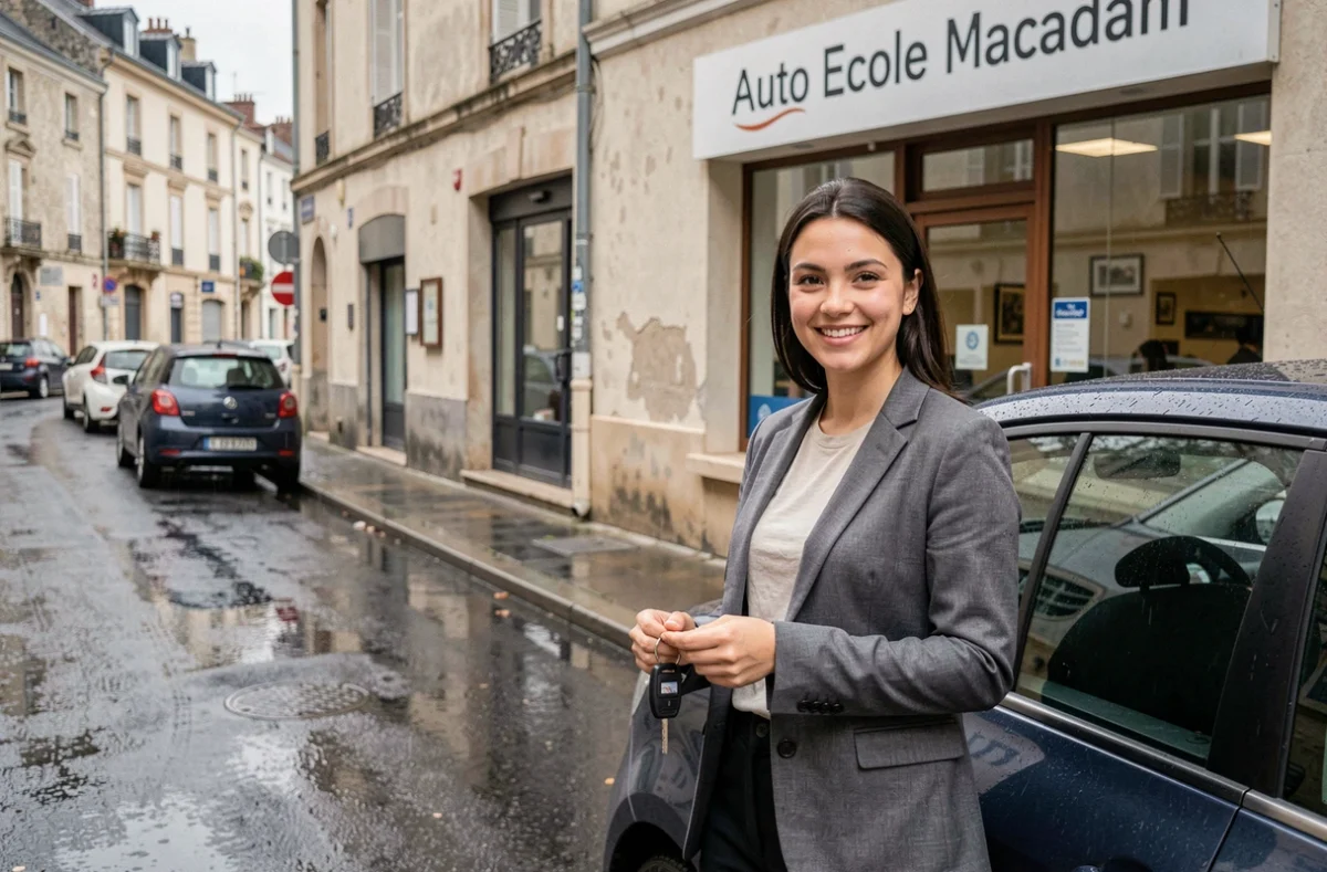 Une monitrice de l'auto-école Macadam debout devant son agence sur une rue humide de la Loire