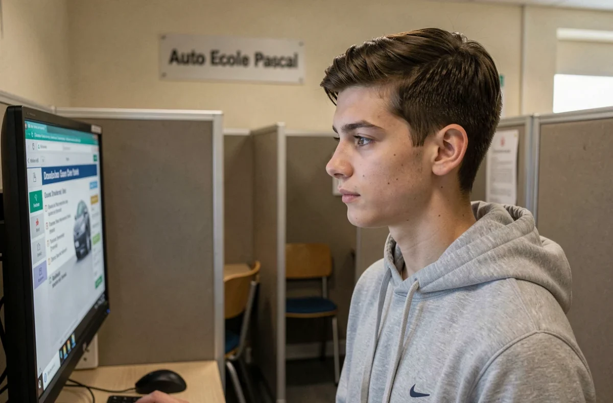 Un élève concentré devant un écran de code de la route dans la salle de l'auto-école Pascal
