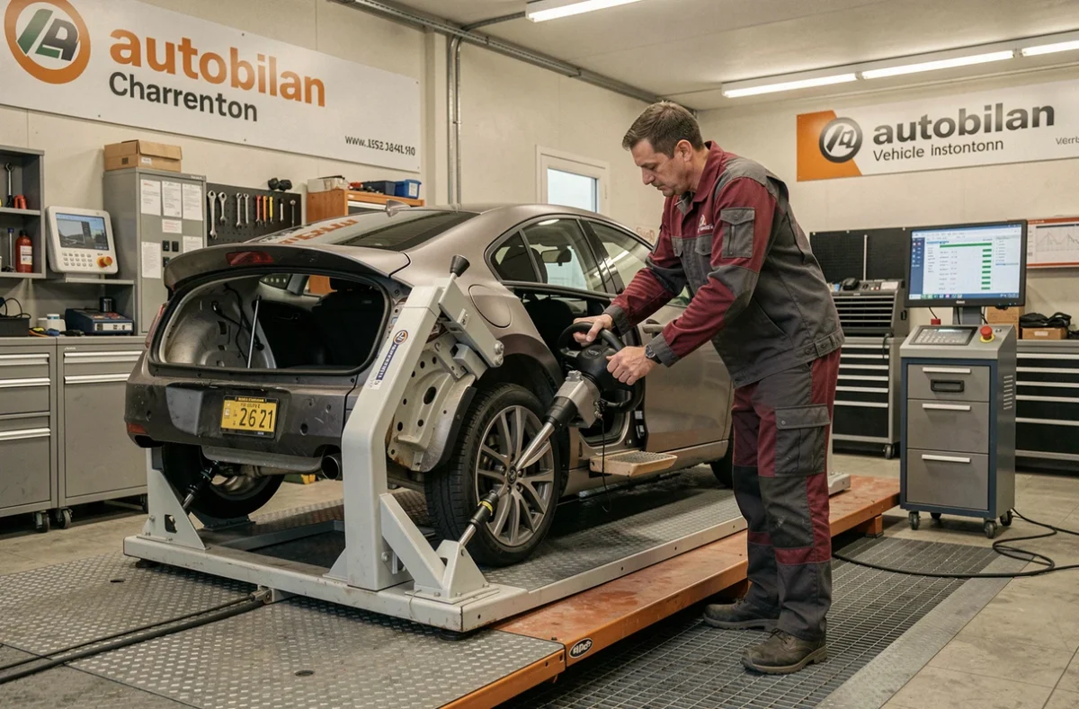Technicien Autobilan Charenton effectuant un contrôle de l'alignement de la direction sur une voiture compacte avec une plateforme de mesure précise
