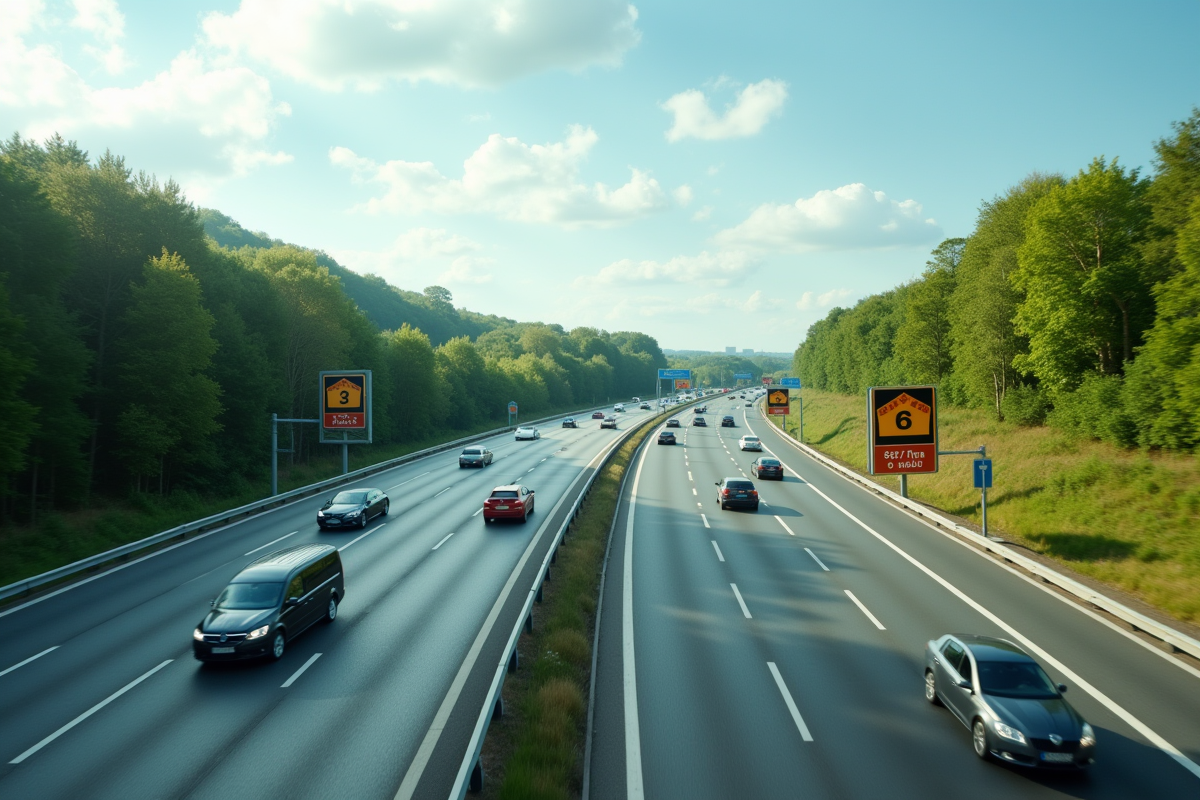 Autoroute française avec plusieurs voies et voitures en journée