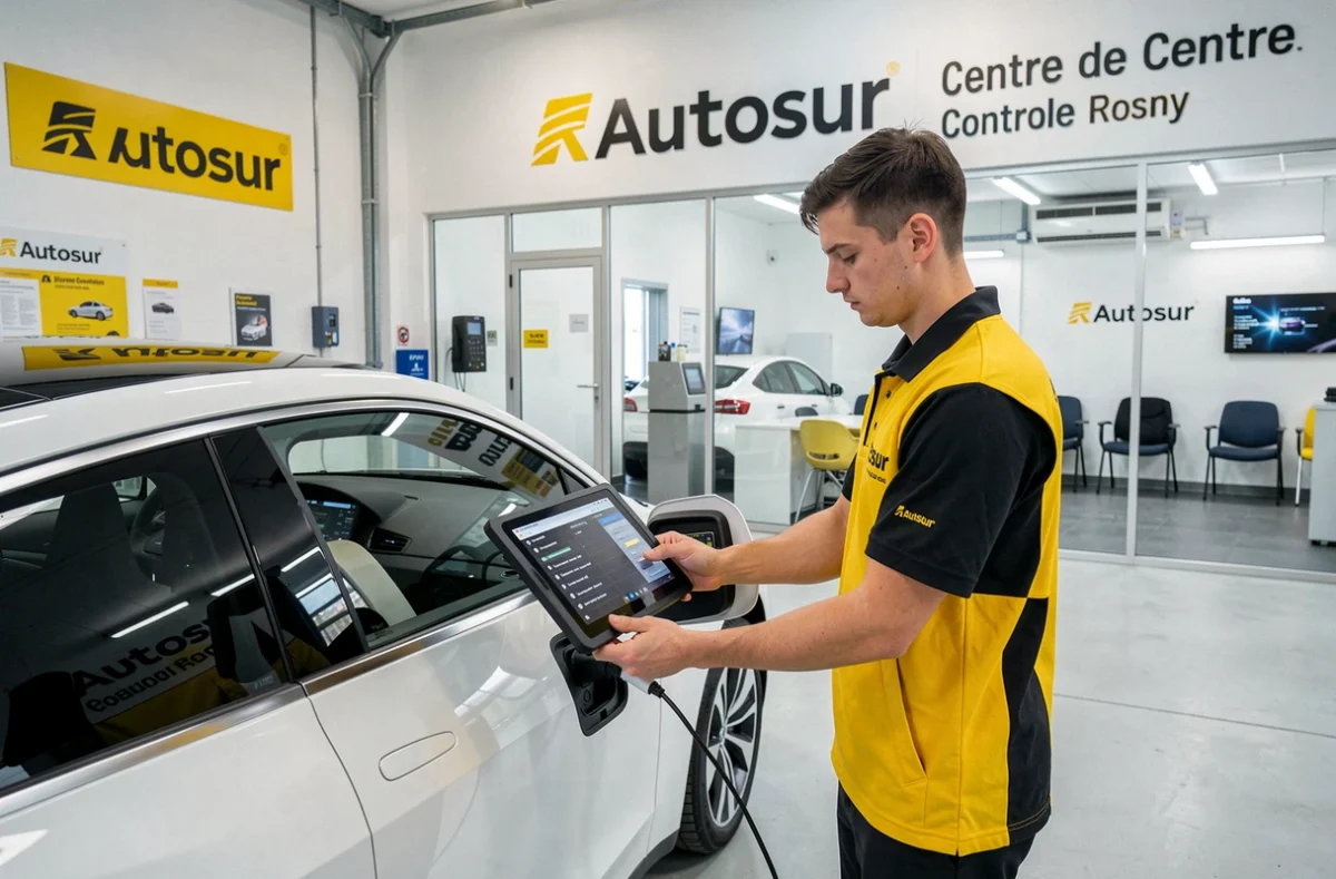 Technicien Autosur Rosny effectuant un diagnostic OBD sur un véhicule électrique moderne avec une tablette dans un centre de contrôle technique contemporain