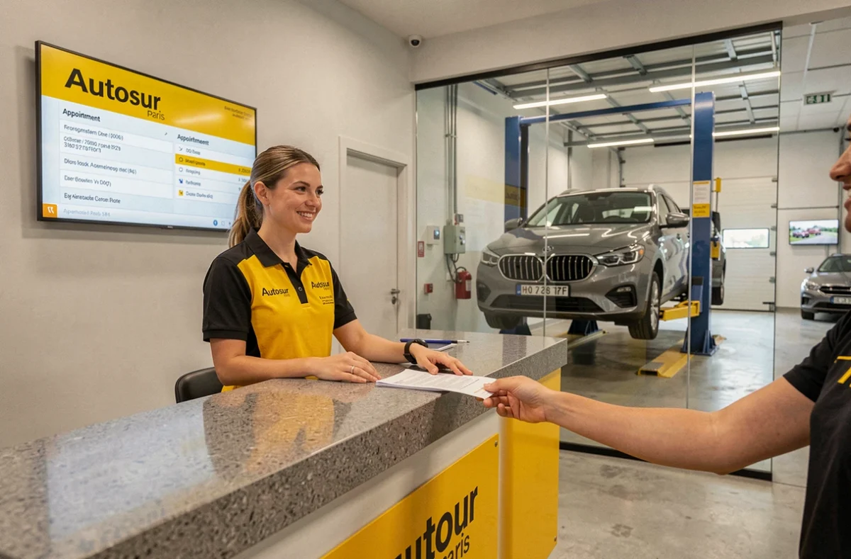 Réceptionniste Autosur Paris en uniforme jaune et noir accueillant un client au comptoir d'un centre de contrôle technique moderne