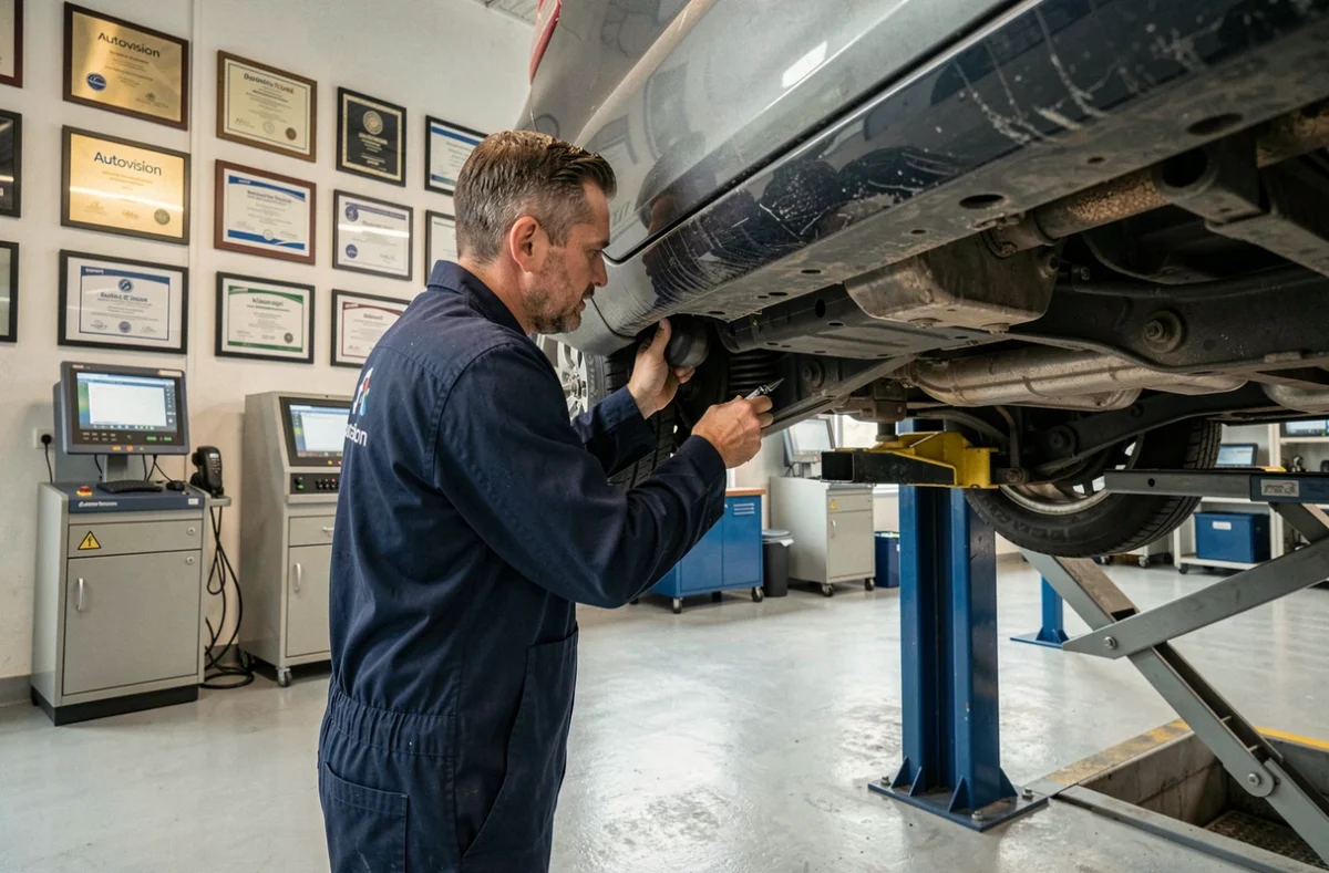 Technicien Autovision AB Autobilan inspectant le dessous d'un véhicule sur un pont élévateur dans un garage de contrôle technique officiel