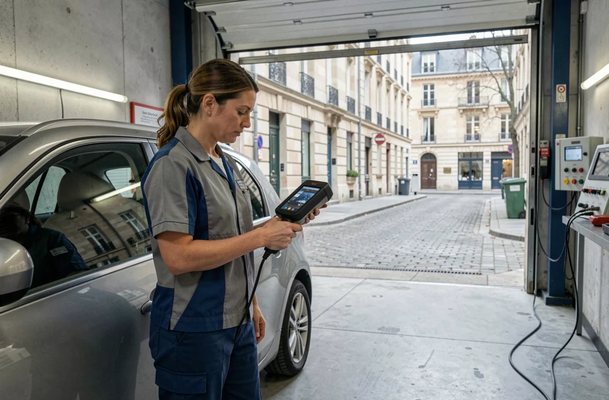 Technicienne utilisant un scanner de diagnostic dans le centre de contrôle technique Autovision Paris 18 avec la rue parisienne visible en arrière-plan