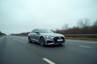 Berline moderne roulant à 130 km/h sur autoroute française, flou de mouvement sur les roues et asphalte détaillé au premier plan