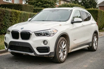 BMW X1 F48 blanc avec kilométrage élevé garé dans une allée résidentielle, détails d'usure visibles sur la carrosserie