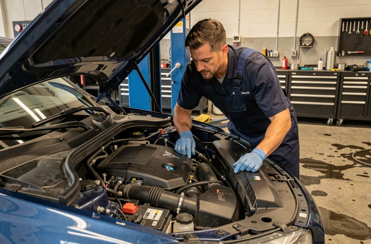 Mécanicien inspectant le compartiment moteur d'un BMW X1 F48 dans un atelier automobile professionnel