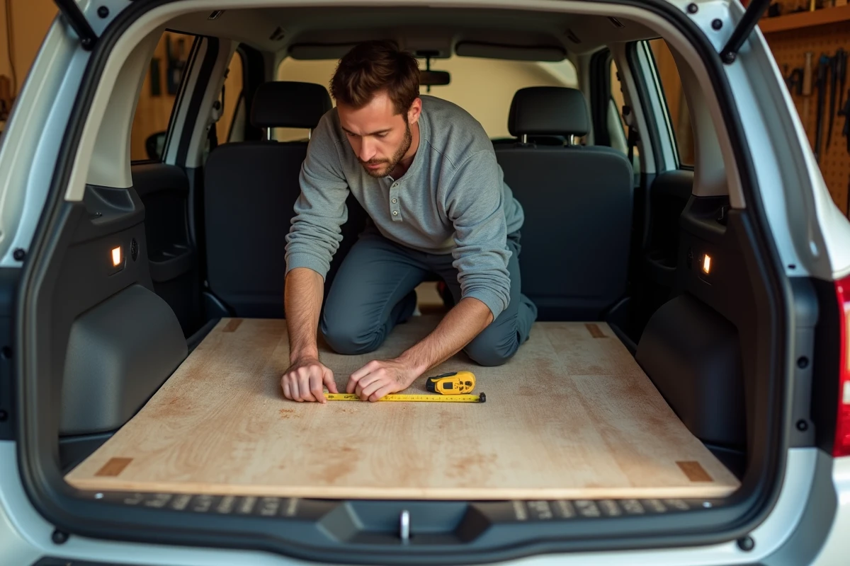 Bricoleur en train d'installer une plateforme de couchage en contreplaqué dans le coffre d'une Dacia Sandero aménagée en van de camping DIY
