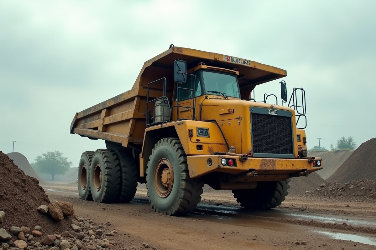 Camion benne d occasion usé dans un chantier de construction