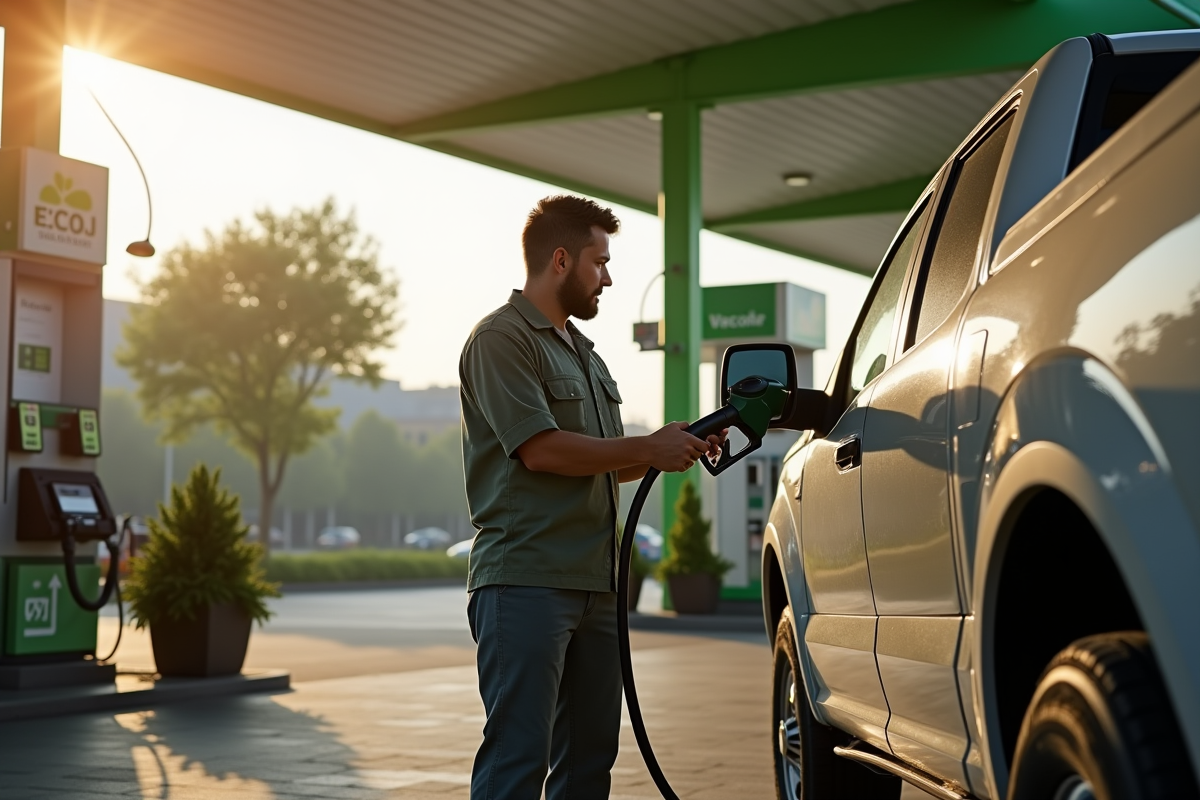 Homme faisant le plein d un véhicule diesel à une station verte