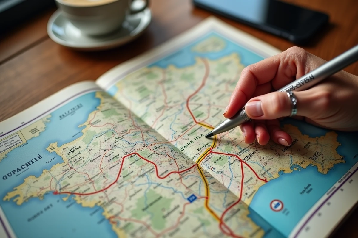 Gros plan d'une carte routière française ouverte sur une table de café avec un itinéraire d'autoroute gratuite surligné