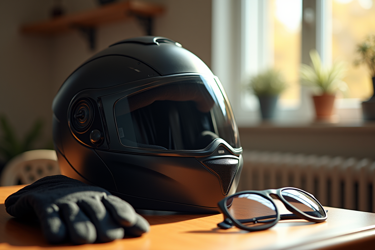 Casque ouvert posé sur une table en intérieur avec lumière naturelle