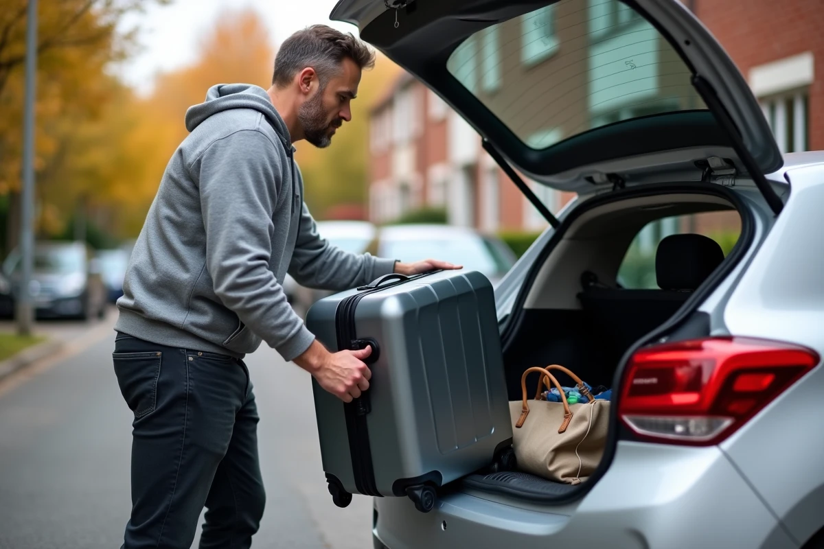 Homme chargeant une valise dans le coffre d'une citadine compacte illustrant la capacité utile réelle du coffre Peugeot