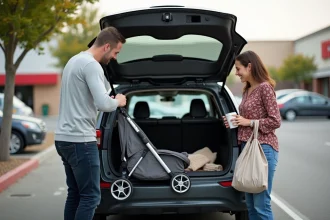 Couple chargeant une poussette pliée dans le coffre d'une berline compacte 2026 sur un parking de supermarché