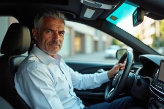 Chauffeur VTC expérimenté au volant d'une berline noire, illustrant la reconversion professionnelle des anciens taxis