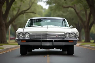 Chevrolet Impala 1965 blanche classique garée dans une rue arborée, vue trois quarts avant avec chromes et ailerons iconiques