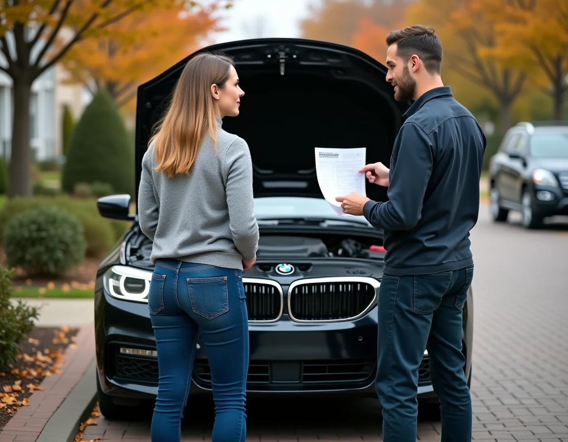 Une femme discutant avec un mécanicien devant le capot ouvert d'une BMW Série 3 équipée d'un moteur M47 dans une allée résidentielle