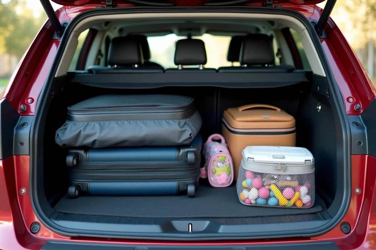Coffre d'un break familial 2026 chargé avec une poussette pliée, valises et accessoires bébé pour un voyage en famille