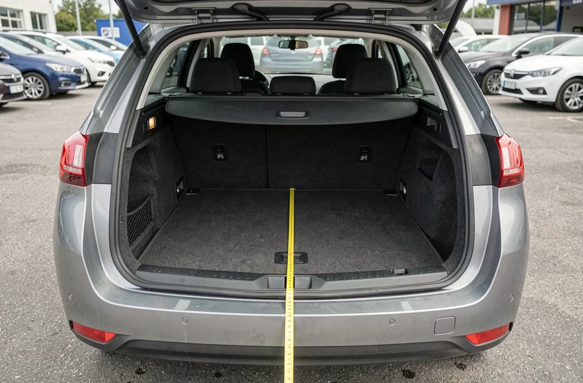 Coffre du Peugeot 308 SW avec sièges rabattus et mètre ruban pour mesure du volume