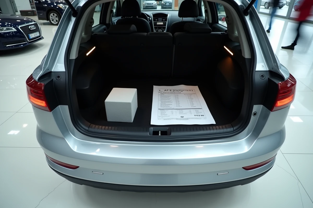 Coffre de voiture Peugeot en concession avec bloc de mesure volumétrique et fiche technique comparant litres théoriques et volume utile