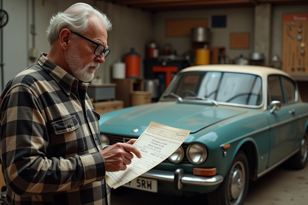 Collectionneur examinant le document d'historique administratif d'une voiture ancienne des années 70 dans son garage