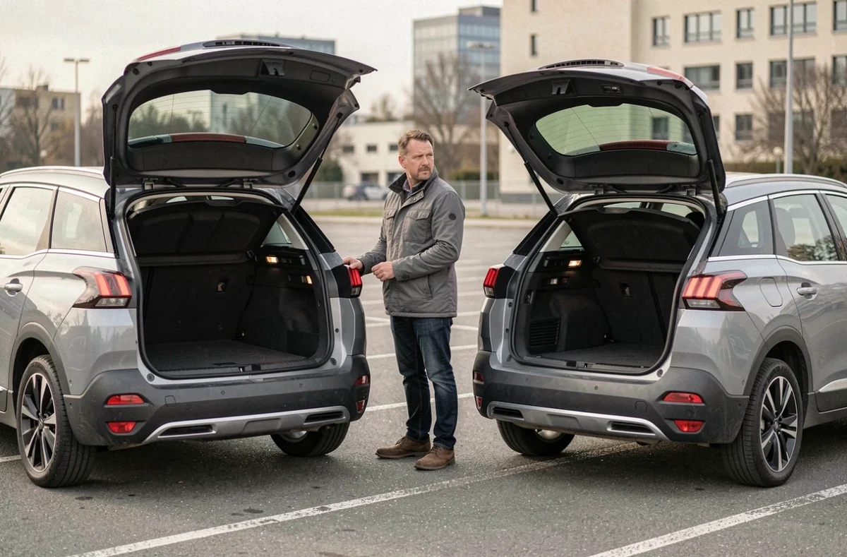 Comparaison du coffre du Peugeot 3008 et du 5008 côte à côte dans un parking