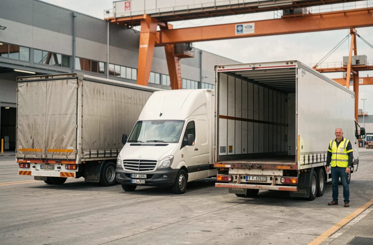 Comparaison dimensionnelle de trois types de semi-remorques 44 tonnes côte à côte : bâchée, fourgon et frigo en terminal de fret