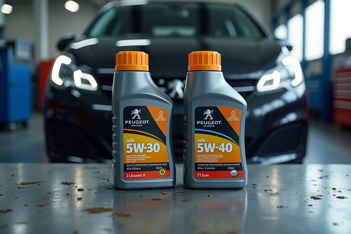 Deux bouteilles d'huile moteur 5W-30 et 5W-40 posées côte à côte sur un établi d'atelier avec une Peugeot 208 en arrière-plan flou