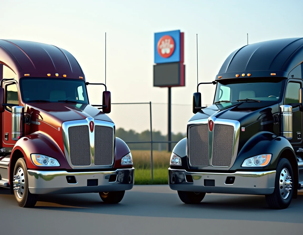 Comparaison côte à côte entre un véritable Kenworth W900A et une imitation dans un parc de camions, montrant les différences subtiles de qualité et de finition