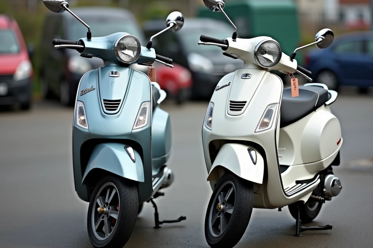 Deux scooters d'occasions de générations différentes côte à côte dans un lot de revente, illustrant la décote et la valeur argus