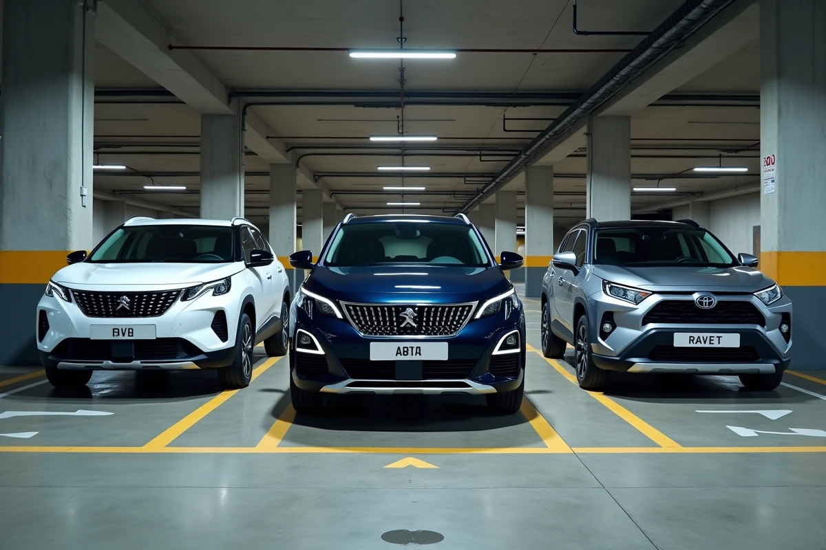 Comparaison frontale entre la Peugeot 3008 Hybrid, le Renault Austral et le Toyota RAV4 dans un parking urbain
