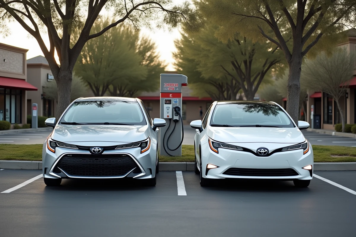 Comparatif Toyota Corolla hybride et 100% électrique garées côte à côte près d'une borne de recharge