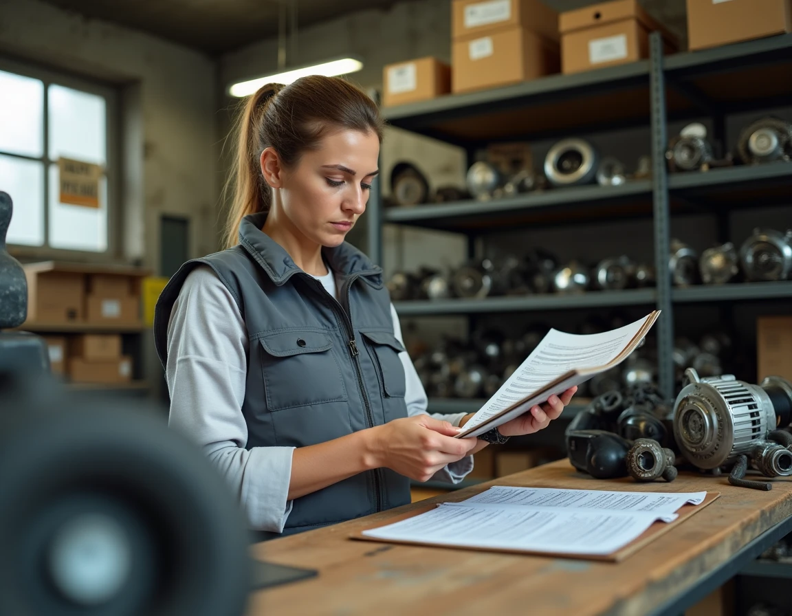 Employée d'une casse automobile du 44 consultant l'inventaire de pièces détachées au comptoir