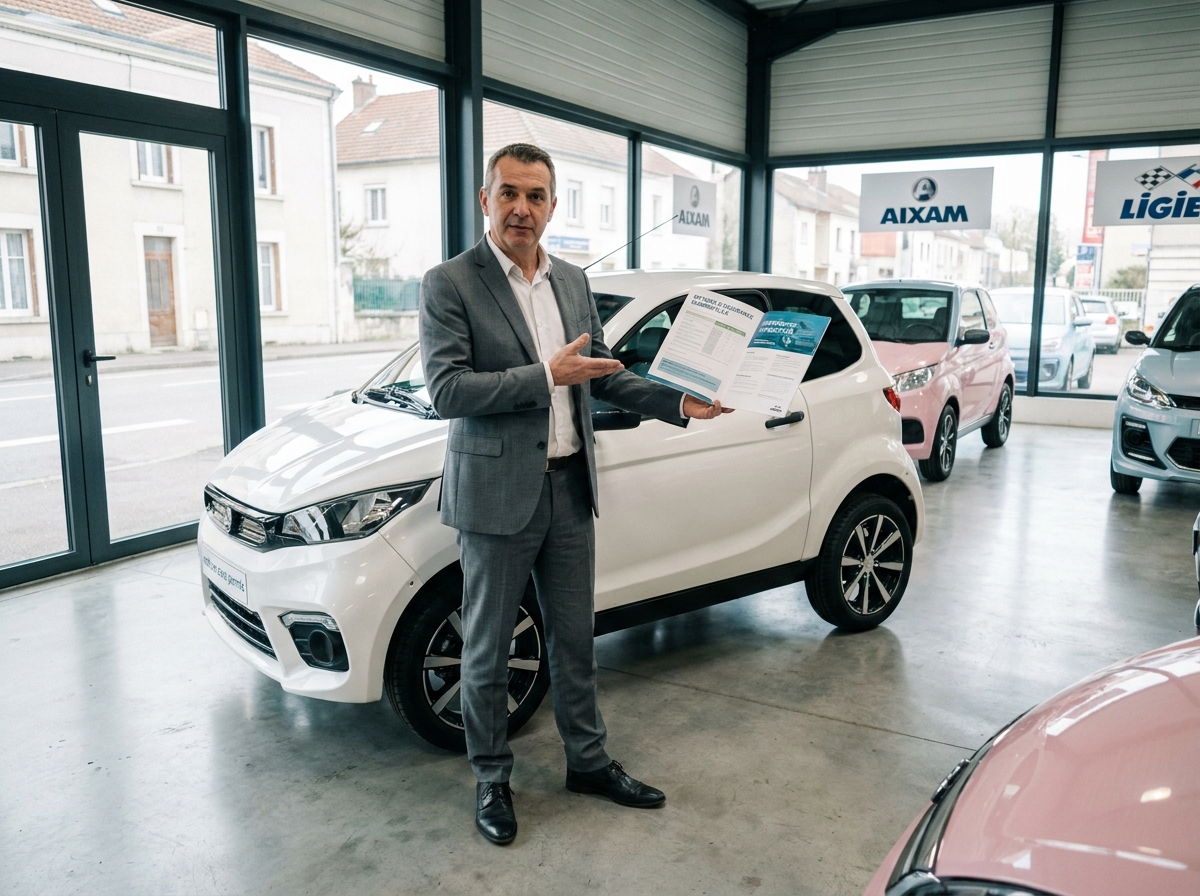 Conseiller en concession présentant des options d'assurance pour voiture sans permis dans un showroom français