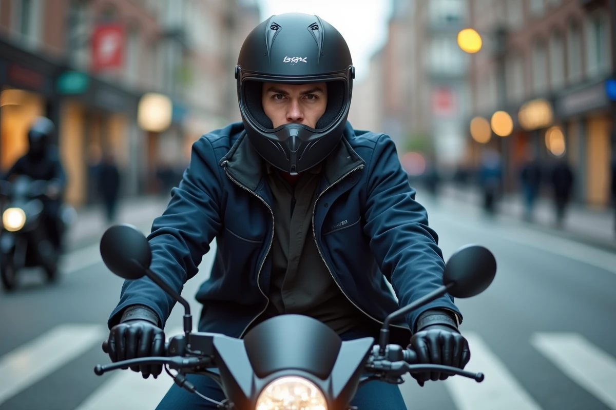 Homme de 30 ans sur un scooter Honda 125 à un carrefour urbain, casque intégral mat et veste bleue réfléchissante, posture décontractée