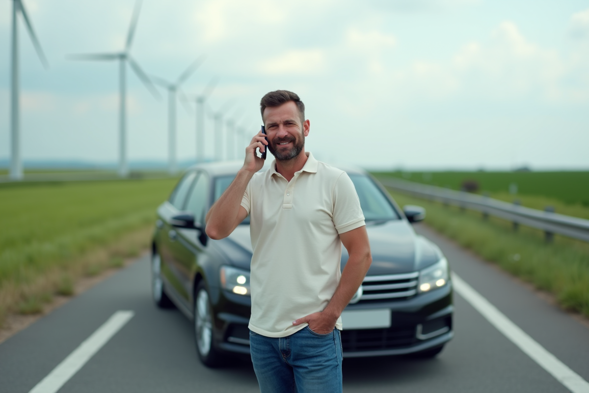 Homme en polo et jeans téléphone à la main près de sa voiture