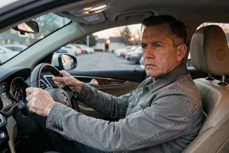 Conducteur au volant d'une voiture en situation de contrôle d'alcoolémie, expression tendue dans un parking en soirée