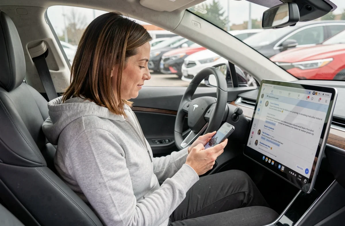 Conductrice Tesla consultant un groupe Facebook dédié aux propriétaires Tesla depuis l'intérieur de son véhicule connecté